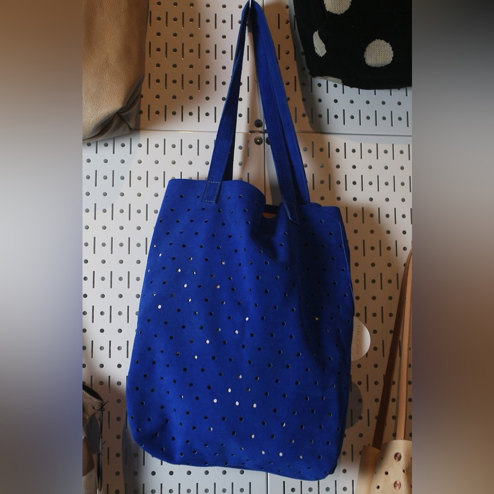 Pine & Boon Blue Suede Leather Tote Bag | Punched dot tote | Small designer